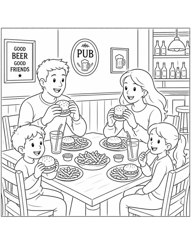 disegno di Famiglia al Pub che Mangia da colorare