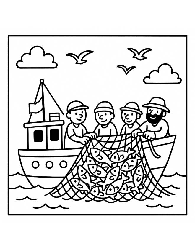 disegno di Pescatori sul Peschereccio da colorare