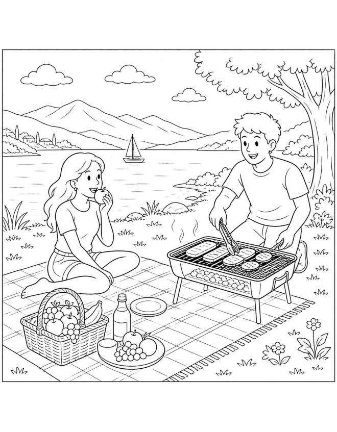 disegno di Picnic al Lago con Brace da colorare