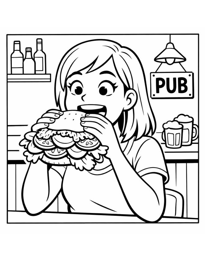 disegno di Ragazza al Pub che Mangia un Panino da colorare