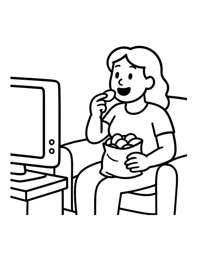 disegno di Signora che mangia Patatine  da colorare