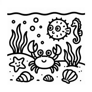 Disegno di Acquario con Granchio, Cavalluccio marino, Conchiglie da colorare