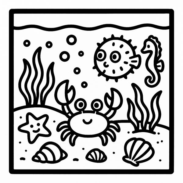 Disegno di Acquario con Granchio, Cavalluccio marino, Conchiglie da colorare