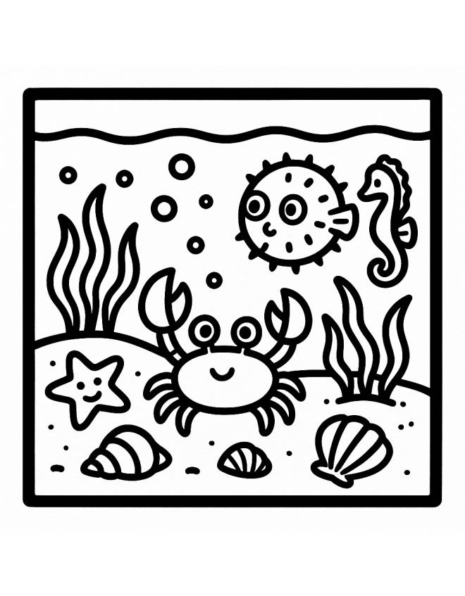 disegno di Acquario con Granchio, Cavalluccio marino, Conchiglie da colorare
