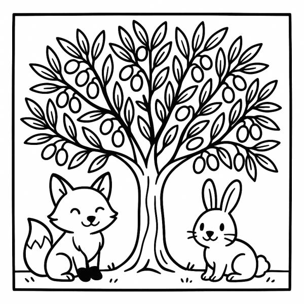 Disegno di Albero di Ulivo con Volpe e Coniglio da colorare