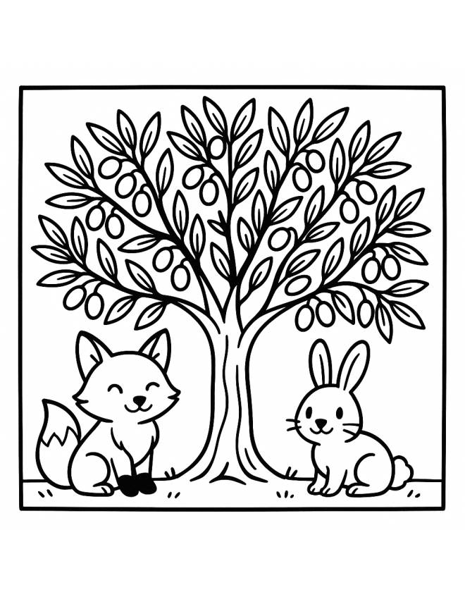 disegno di Albero di Ulivo con Volpe e Coniglio  da colorare