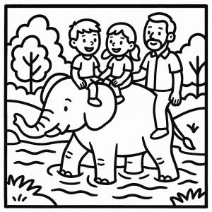 Disegno di Bambini con Papà su Elefante da colorare