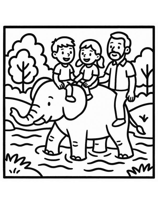 disegno di Bambini con Papà su Elefante da colorare