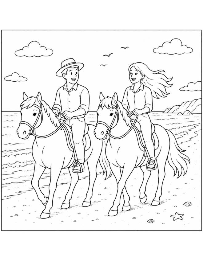 disegno di Coppia Cavalca Sulla Spiaggia da colorare