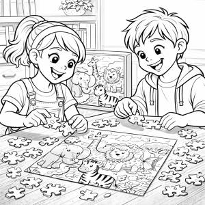 Disegno di Coppia che fa Puzzle di Animali da colorare