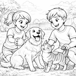 Disegno di Coppia che Gioca con Cane e Gatto  da colorare