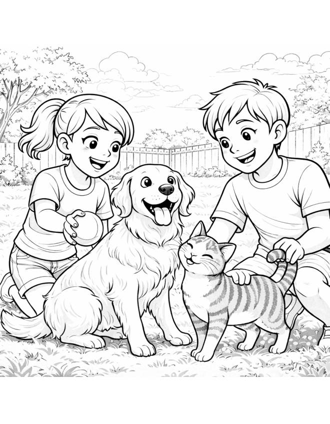 disegno di Coppia che Gioca con Cane e Gatto  da colorare