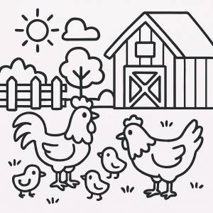 Disegno di Fattoria con Pulcini, Gallo e Gallina da colorare