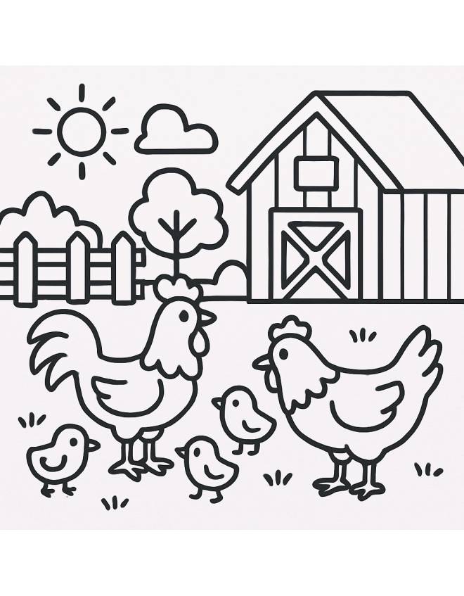 disegno di Fattoria con Pulcini, Gallo e Gallina da colorare