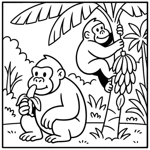 Disegno di Gorilla ed Albero di Banane da colorare