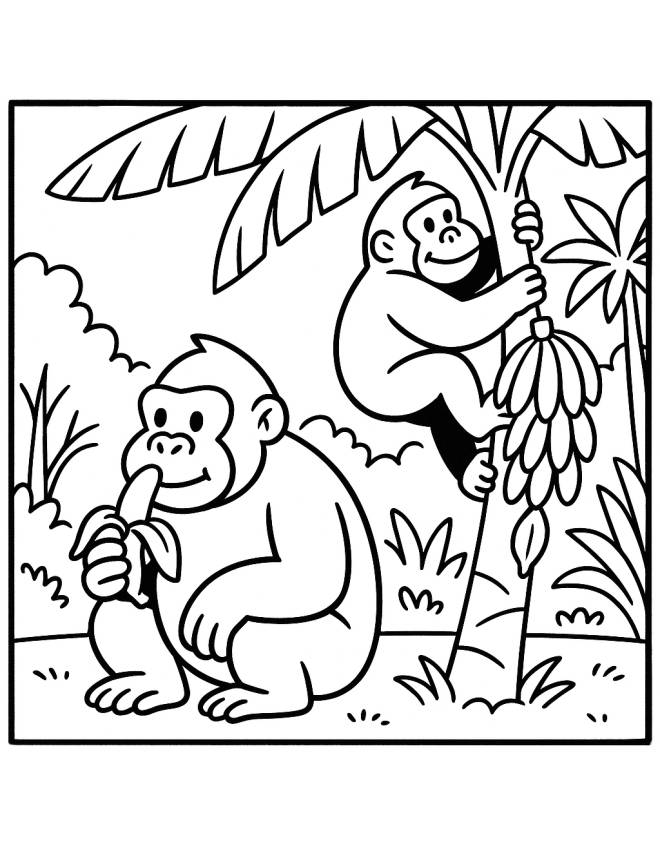 disegno di Gorilla ed Albero di Banane da colorare