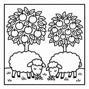 Disegno di Pecore con Alberi di Mele da colorare