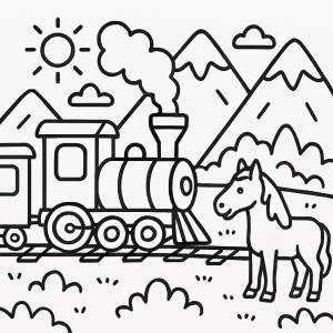 Disegno di Trenino tra le Montagne con un Cavallo da colorare