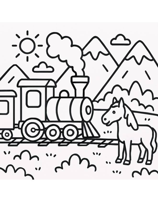 disegno di Trenino tra le Montagne con un Cavallo da colorare