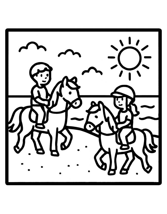 disegno di Bambini a Cavallo al Mare da colorare
