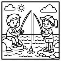 Disegno di Bambini con Canna da Pesca da colorare