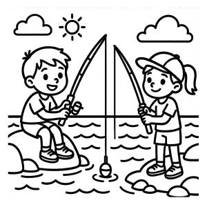 disegno di Bambini con Canna da Pesca da colorare