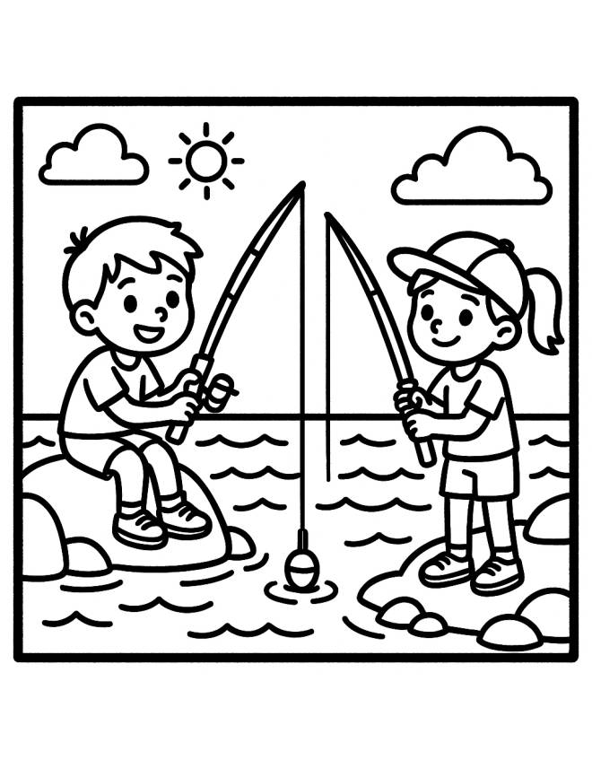 disegno di Bambini con Canna da Pesca da colorare