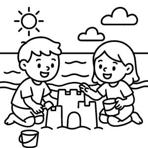 disegno di Bimbo e Bimba in Riva al Mare da colorare