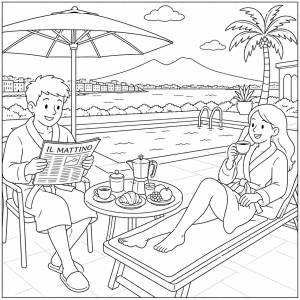Disegno di Coppia fa Colazione a Bordo Piscina da colorare