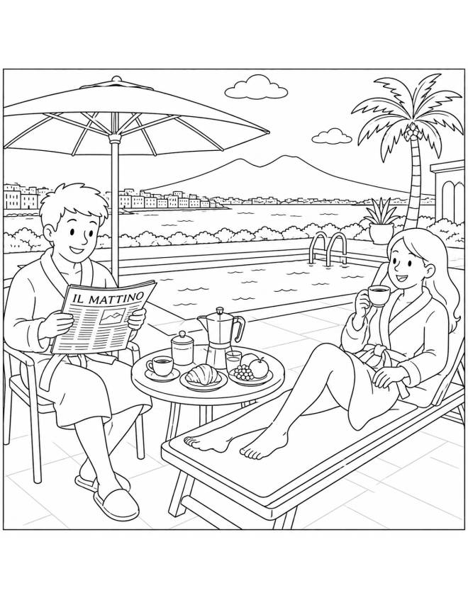 disegno di Coppia fa Colazione a Bordo Piscina da colorare