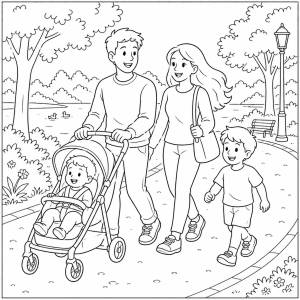 Disegno di Famiglia al Parco con Passeggino  da colorare