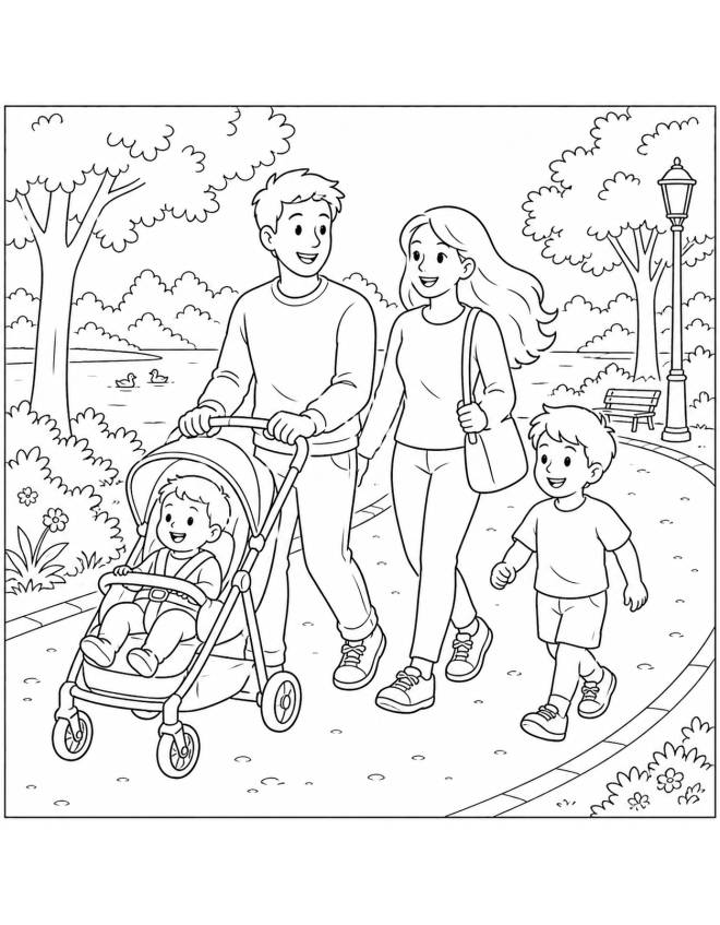 disegno di Famiglia al Parco con Passeggino  da colorare