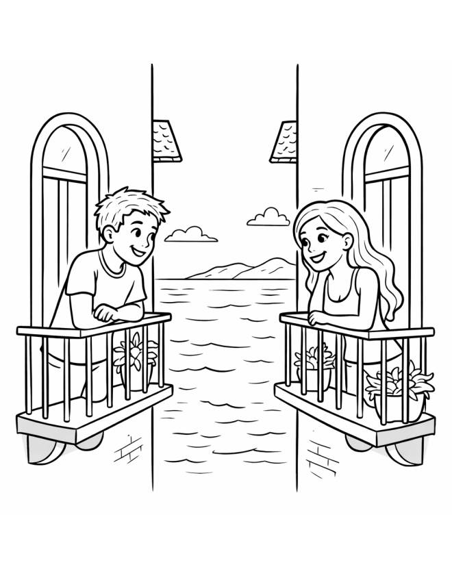 disegno di Innamorati che Conversano sul Balcone da colorare