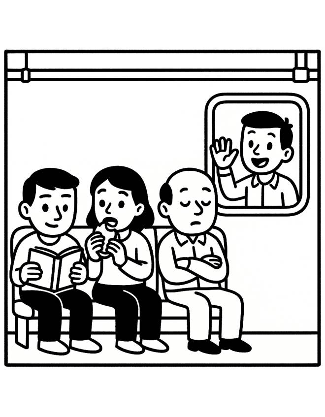 disegno di Seduti nel Vagone del Treno da colorare