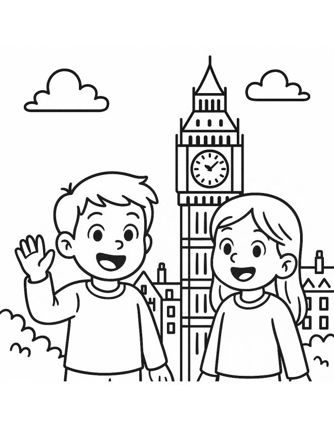 disegno di Bambini in Viaggio a Londra da colorare