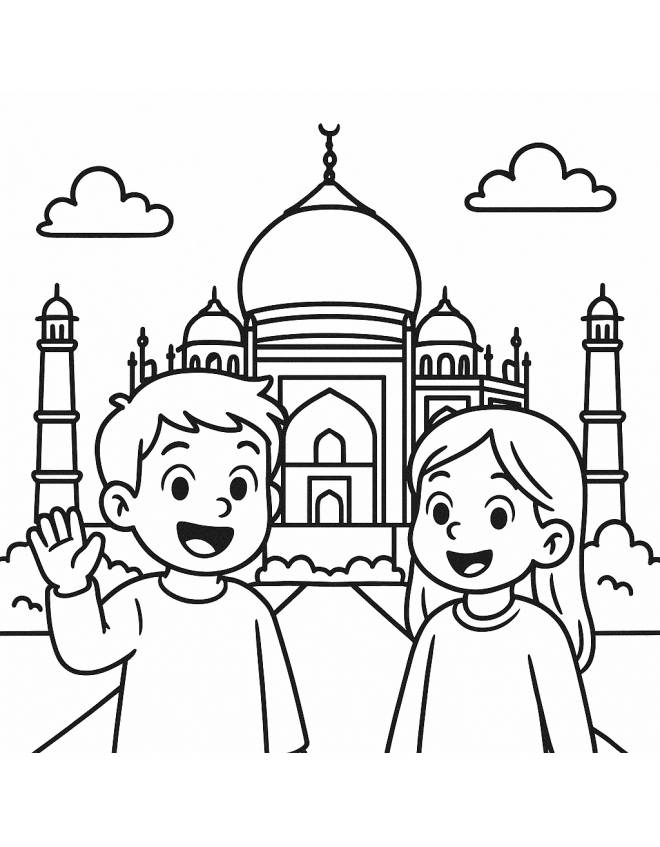 disegno di Bambini in Viaggio al Taj Mahal in India  da colorare