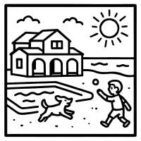 Disegno di Villa al Mare con Piscina con Bimbo e Cane da colorare
