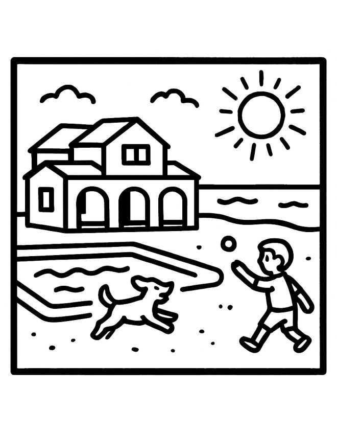 disegno di Villa al Mare con Piscina con Bimbo e Cane da colorare