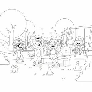Disegno di Bambini con vestiti di Carnevale al Parco da colorare