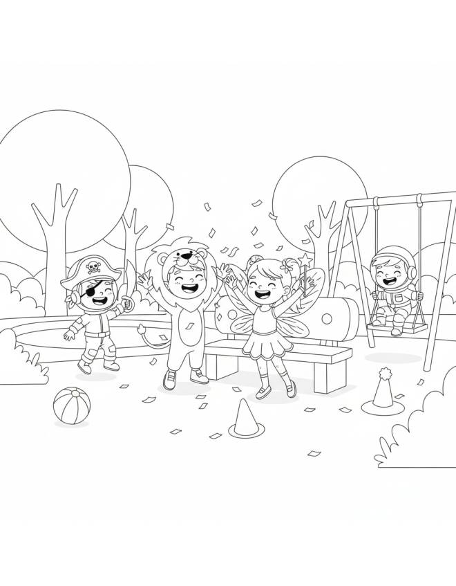 disegno di Bambini con vestiti di Carnevale al Parco da colorare