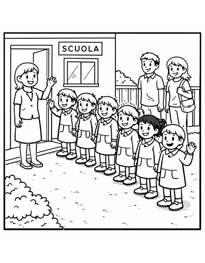 disegno di Maestra Accoglie Bambini A Scuola da colorare