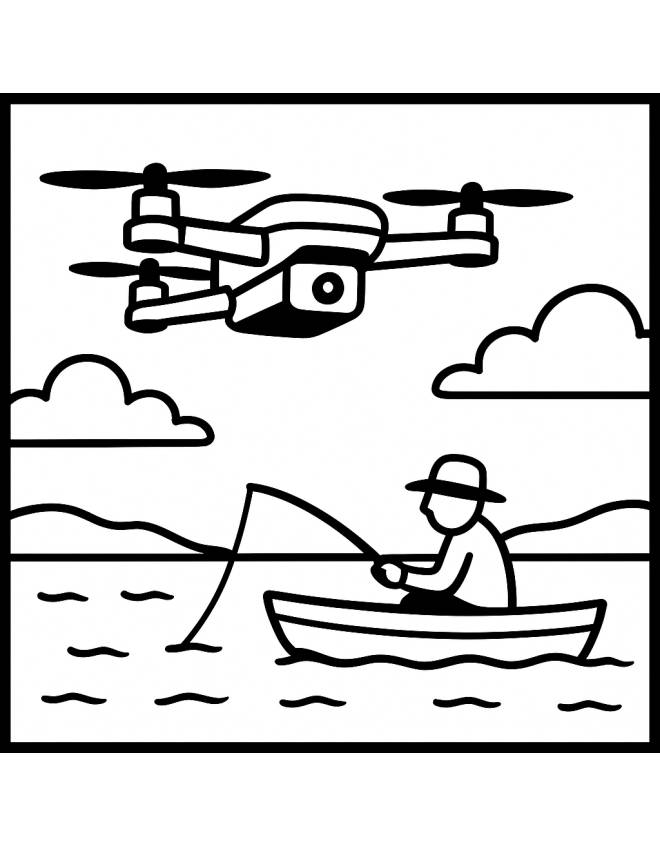 disegno di Drone che Riprende un Pescatore da colorare