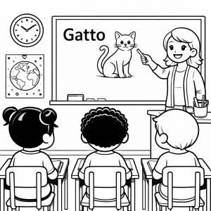 Disegno di Insegnante che spiega la Parola Gatto da colorare