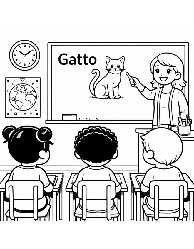 disegno di Insegnante che spiega la Parola Gatto da colorare