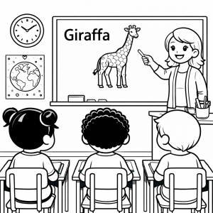 Disegno di Insegnante che spiega la Parola Giraffa da colorare