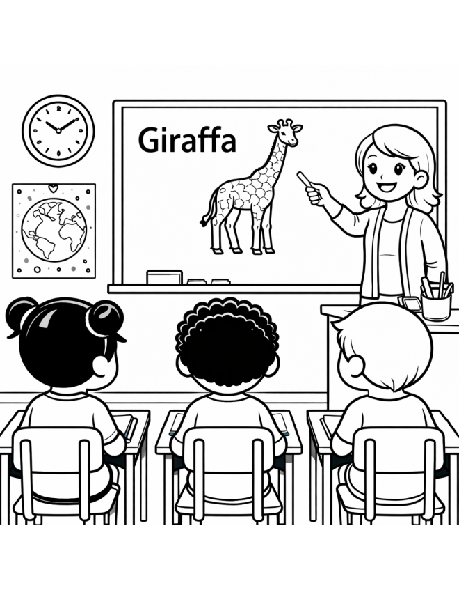 disegno di Insegnante che spiega la Parola Giraffa  da colorare