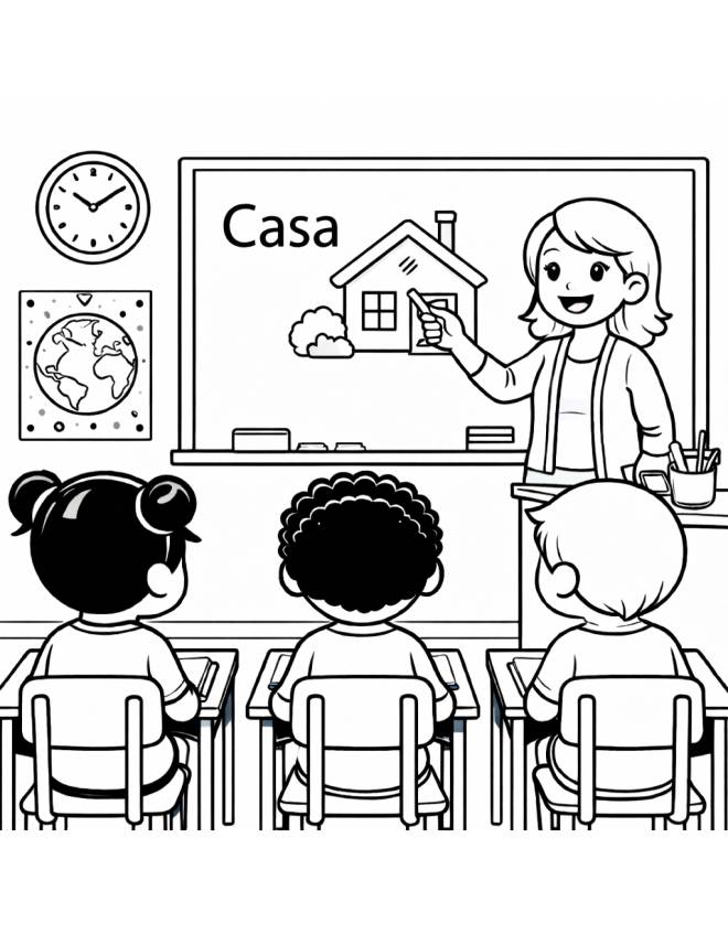 disegno di Insegnante ed Alunni in Classe da colorare