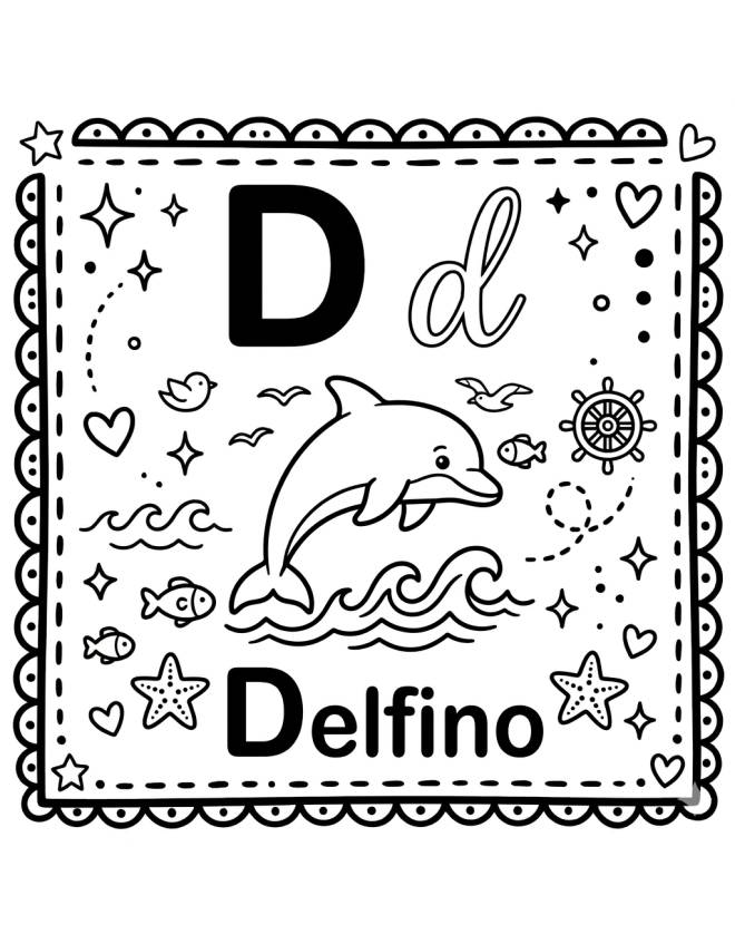 disegno di Lettera D di Delfino Alfabeto Illustrato  da colorare