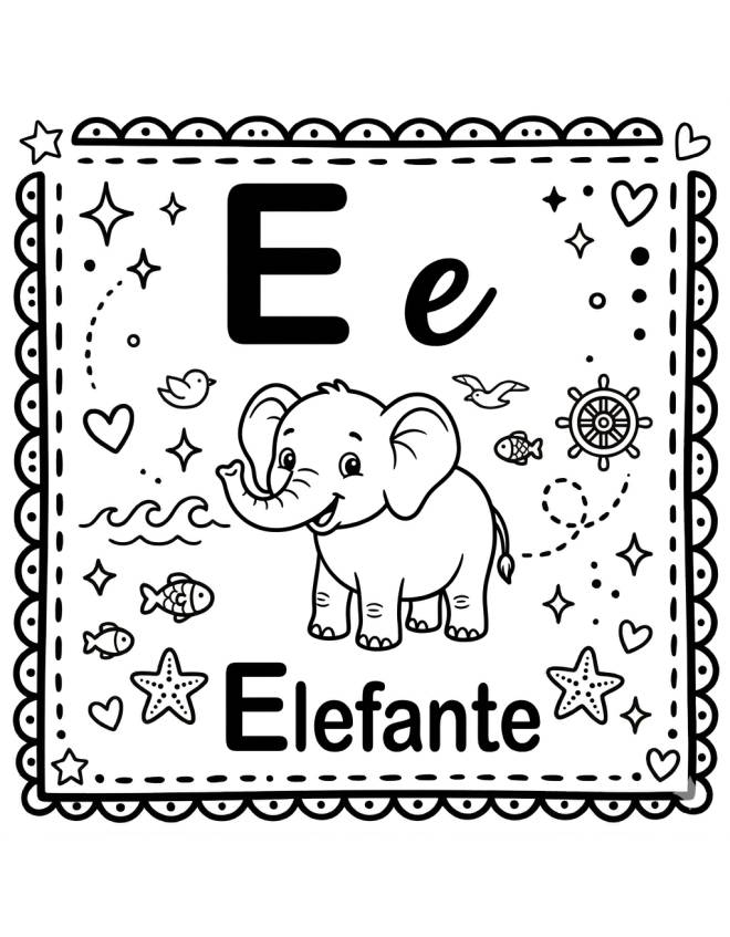 disegno di Lettera E di Elefante Alfabeto Illustrato  da colorare