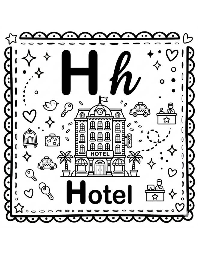 disegno di Lettera H di Hotel Alfabeto Illustrato  da colorare